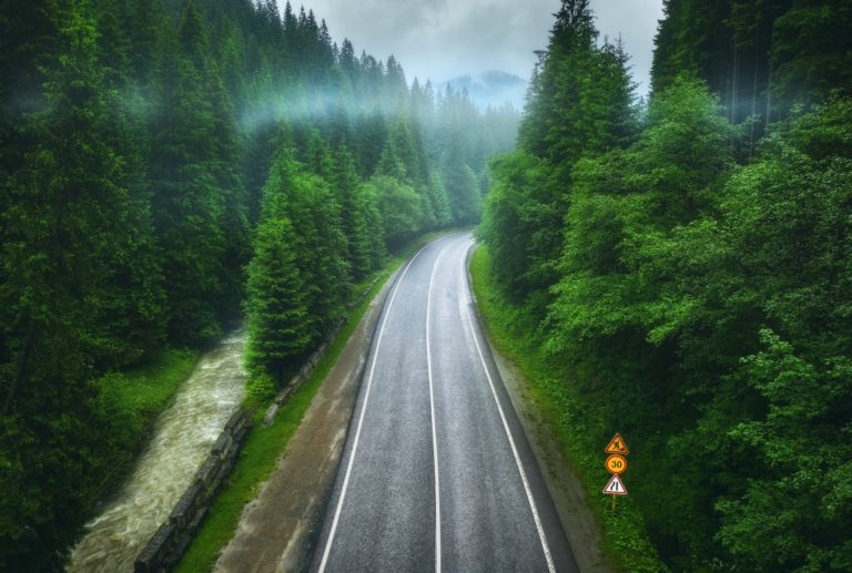 Aerial view of road in beautiful green forest in low clouds