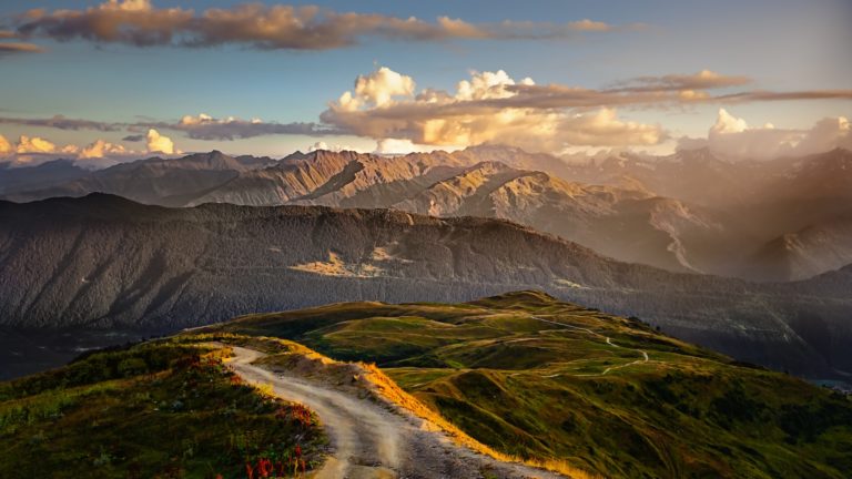 Beautiful mountain landscape view with road in foreground, Svaneti, Country of Georgia
