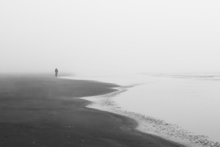 Grayscale shot of a lonely person walking on the beach under dark clouds